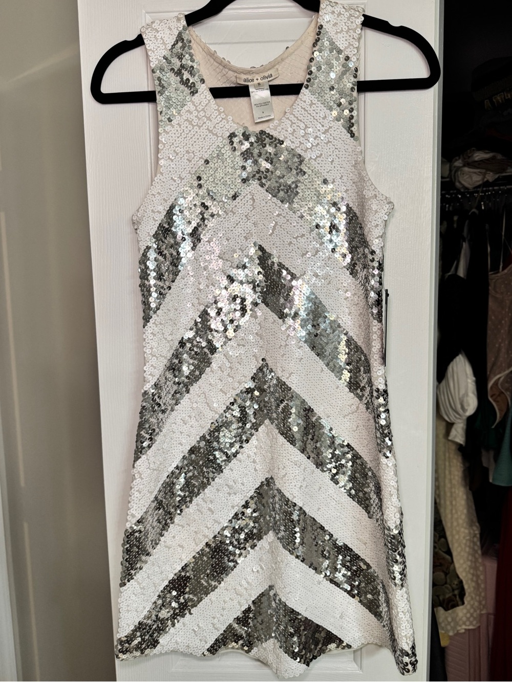 Alice + Olivia White and Silver Sequin Chevron Mini Dress